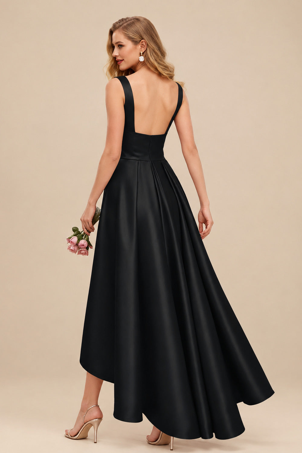 Rutipo Black A-Line V-Neck Sleeveless Asymmetrical Satin Bridesmaid Dresses