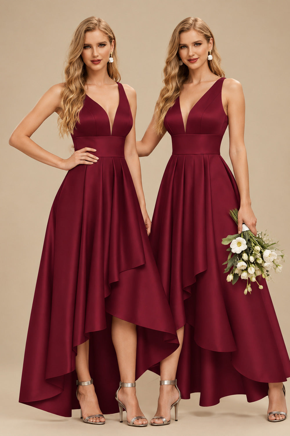 Rutipo Burgundy A-Line V-Neck Sleeveless Asymmetrical Satin Bridesmaid Dresses