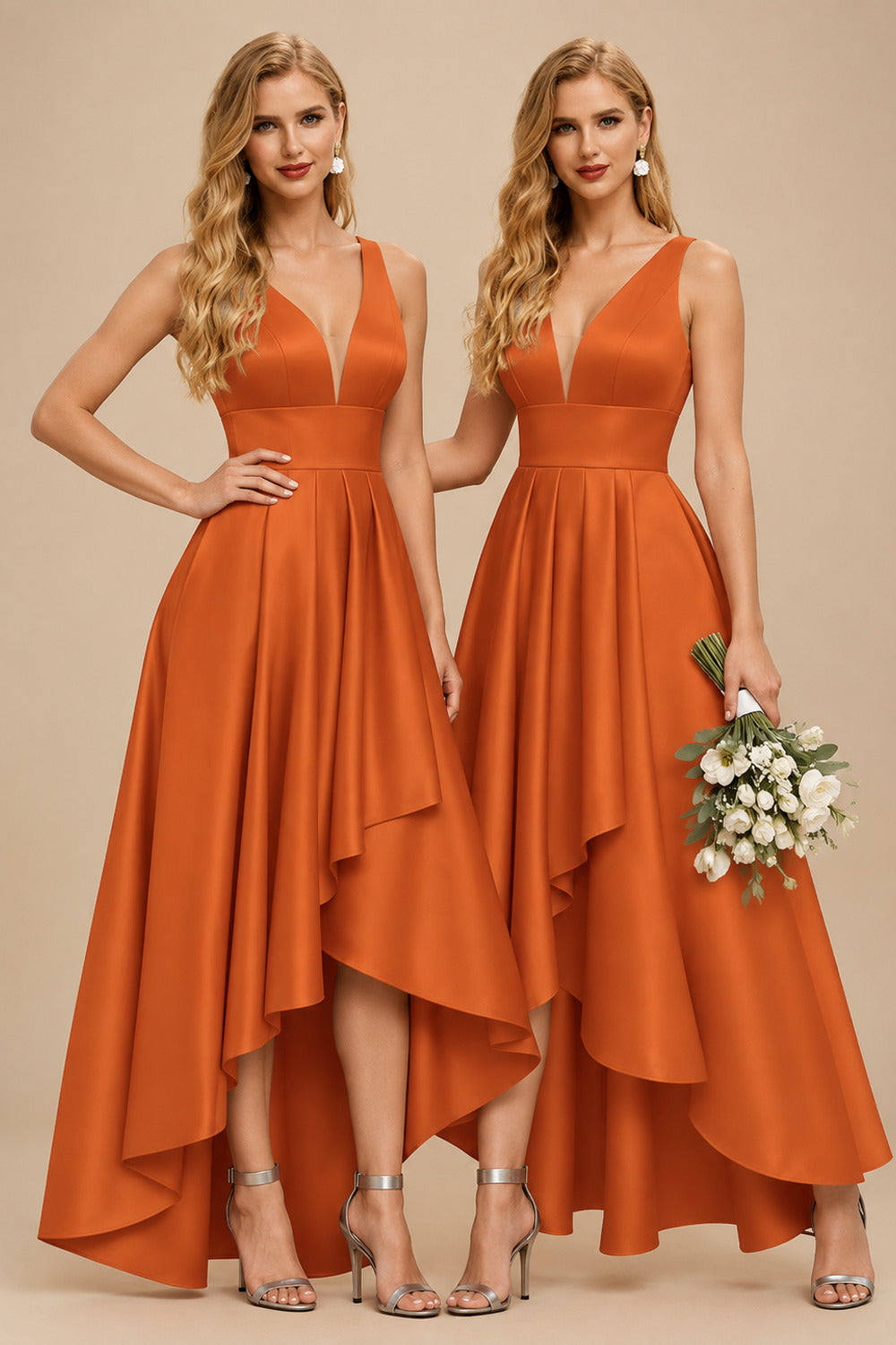 Rutipo Burnt Orange A-Line V-Neck Sleeveless Asymmetrical Satin Bridesmaid Dresses