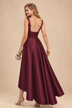 Rutipo Cabernet A-Line V-Neck Sleeveless Asymmetrical Satin Bridesmaid Dresses