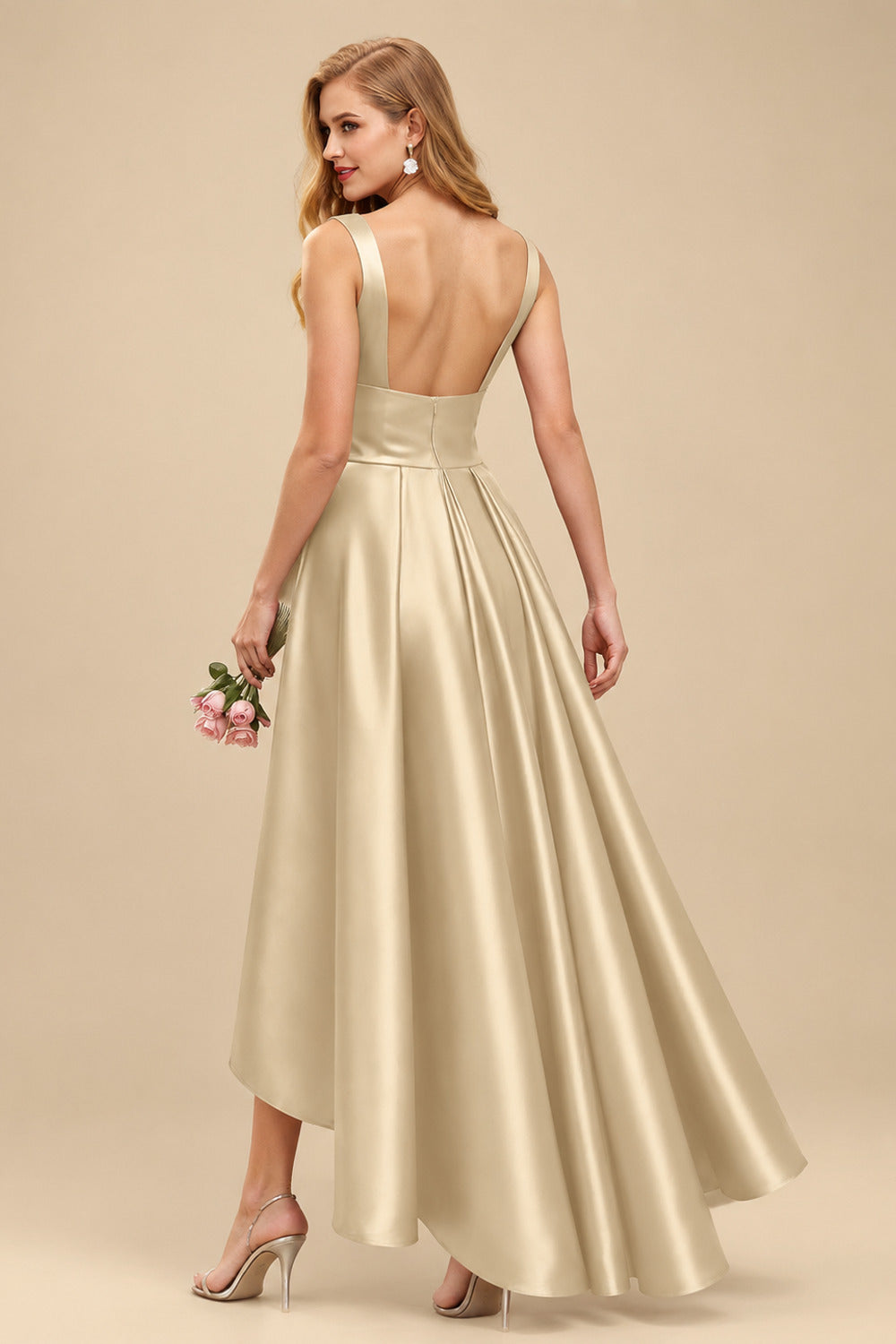 Rutipo Champagne A-Line V-Neck Sleeveless Asymmetrical Satin Bridesmaid Dresses