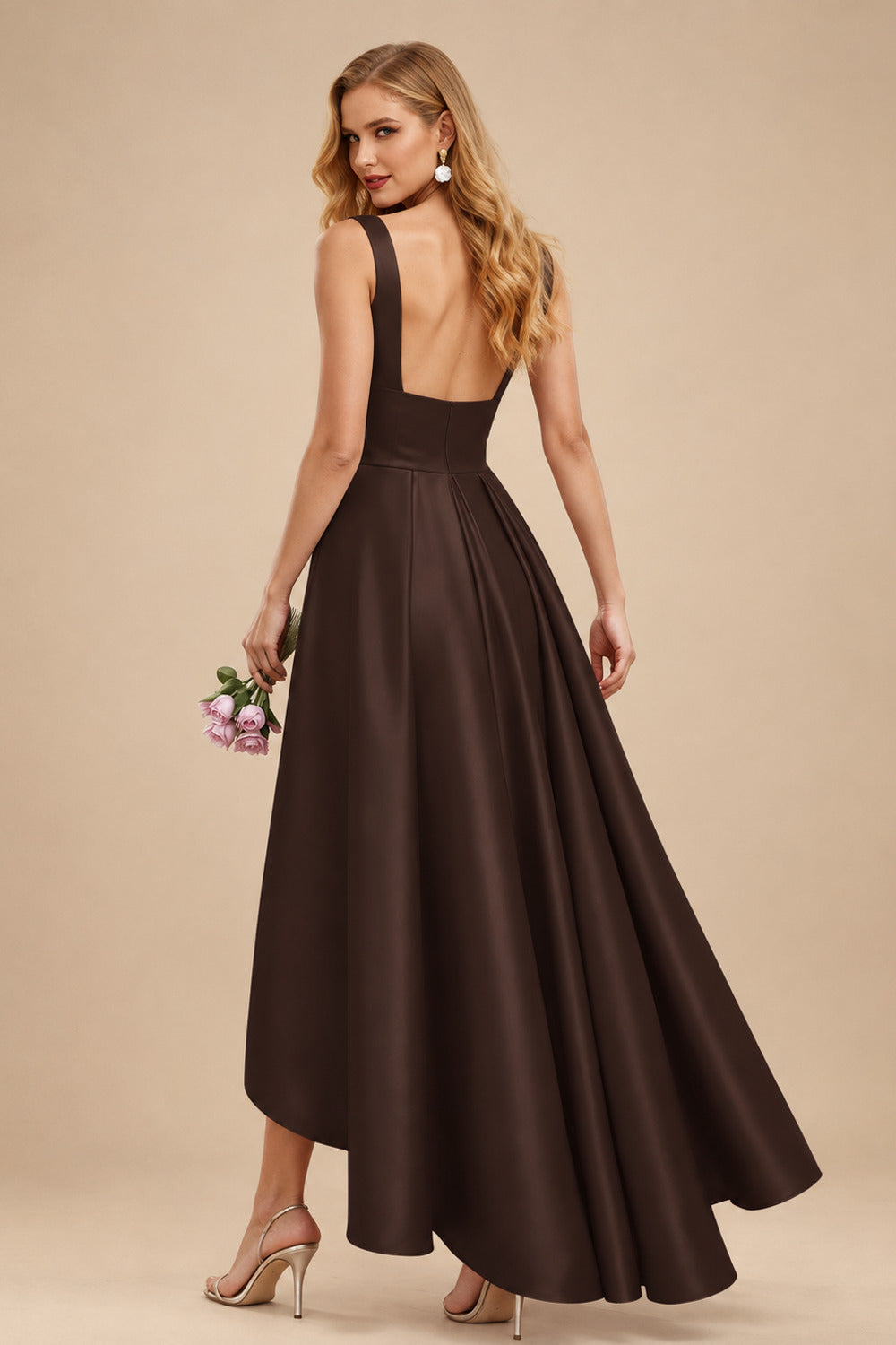Rutipo Chocolate A-Line V-Neck Sleeveless Asymmetrical Satin Bridesmaid Dresses