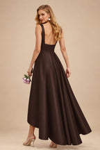Rutipo Chocolate A-Line V-Neck Sleeveless Asymmetrical Satin Bridesmaid Dresses