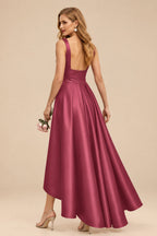 Rutipo Cinnamon Rose A-Line V-Neck Sleeveless Asymmetrical Satin Bridesmaid Dresses
