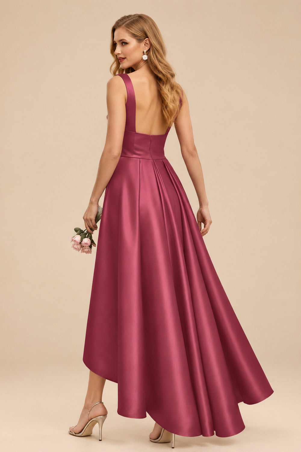 Rutipo Cinnamon Rose A-Line V-Neck Sleeveless Asymmetrical Satin Bridesmaid Dresses