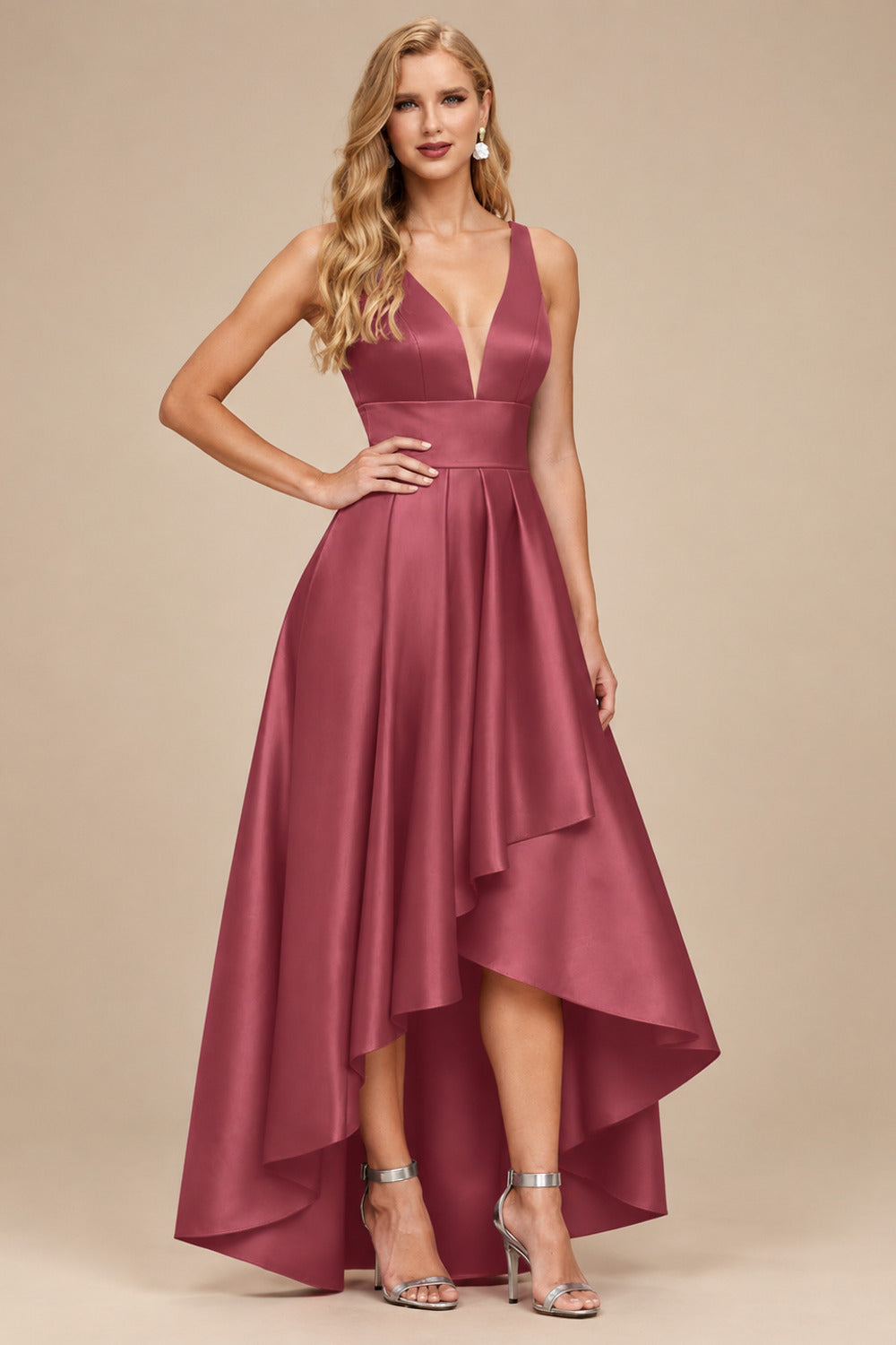 Rutipo Cinnamon Rose A-Line V-Neck Sleeveless Asymmetrical Satin Bridesmaid Dresses