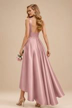 Rutipo Dusty Rose A-Line V-Neck Sleeveless Asymmetrical Satin Bridesmaid Dresses
