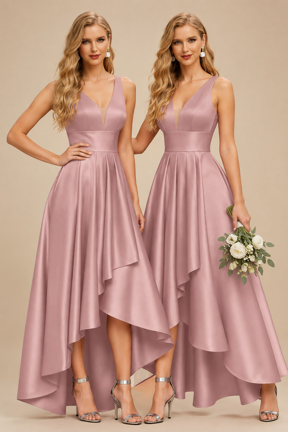 Rutipo Dusty Rose A-Line V-Neck Sleeveless Asymmetrical Satin Bridesmaid Dresses