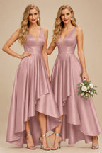 Rutipo Dusty Rose A-Line V-Neck Sleeveless Asymmetrical Satin Bridesmaid Dresses