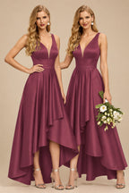 Rutipo Mulberry A-Line V-Neck Sleeveless Asymmetrical Satin Bridesmaid Dresses