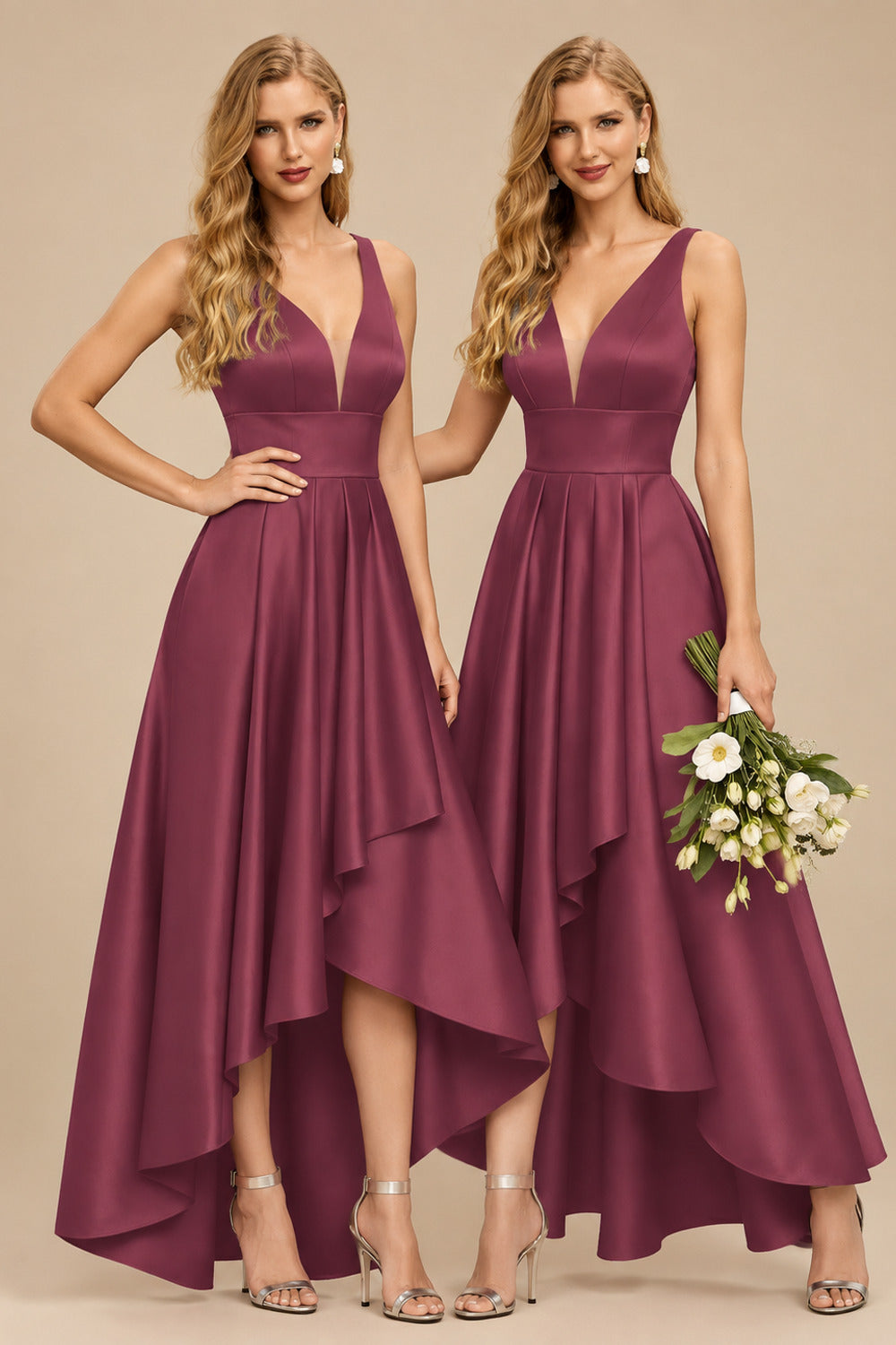 Rutipo Mulberry A-Line V-Neck Sleeveless Asymmetrical Satin Bridesmaid Dresses