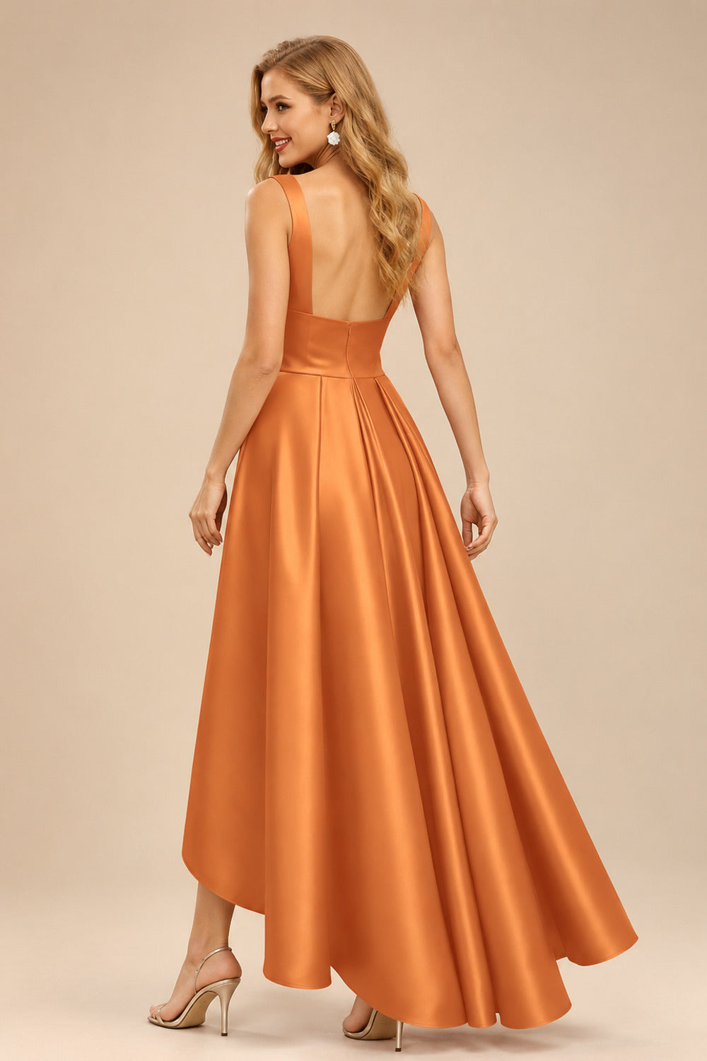 Rutipo Orange A-Line V-Neck Sleeveless Asymmetrical Satin Bridesmaid Dresses