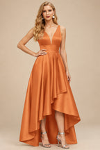 Rutipo Orange A-Line V-Neck Sleeveless Asymmetrical Satin Bridesmaid Dresses