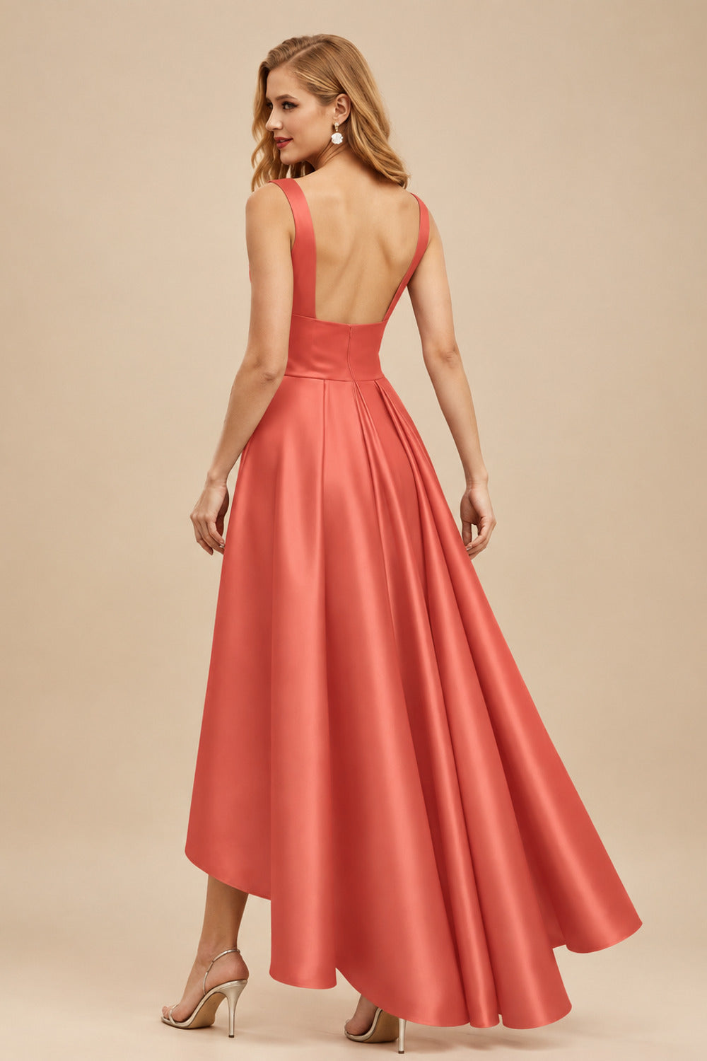 Rutipo Papaya A-Line V-Neck Sleeveless Asymmetrical Satin Bridesmaid Dresses