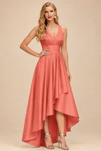 Rutipo Papaya A-Line V-Neck Sleeveless Asymmetrical Satin Bridesmaid Dresses