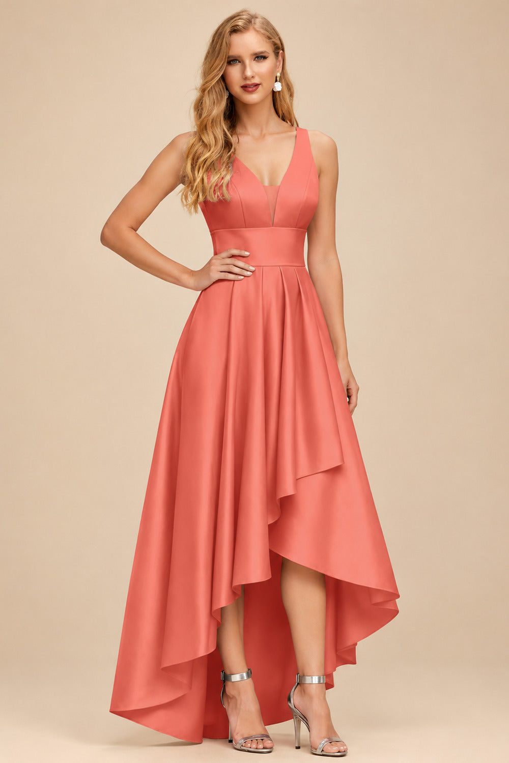 Rutipo Papaya A-Line V-Neck Sleeveless Asymmetrical Satin Bridesmaid Dresses