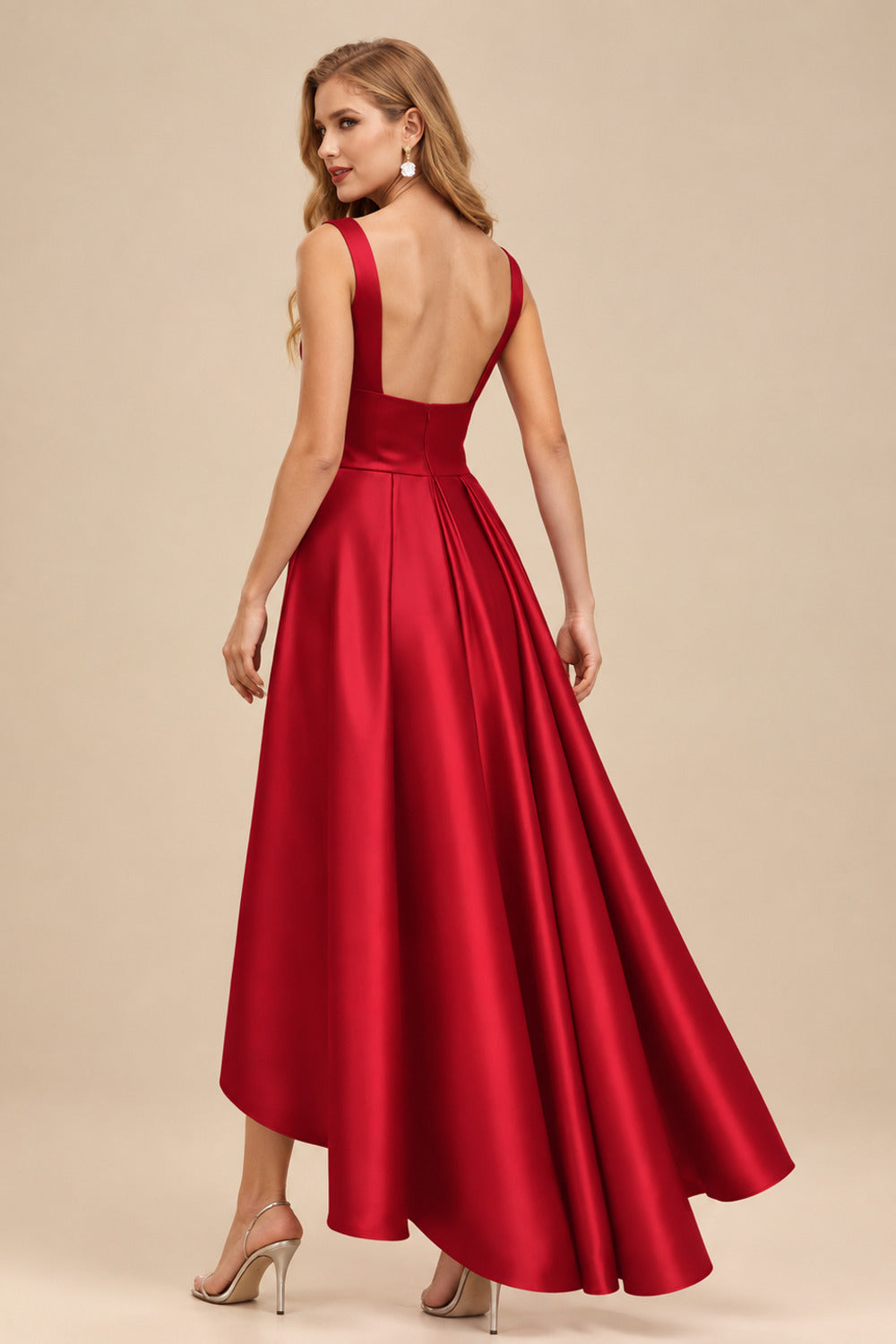 Rutipo Red A-Line V-Neck Sleeveless Asymmetrical Satin Bridesmaid Dresses
