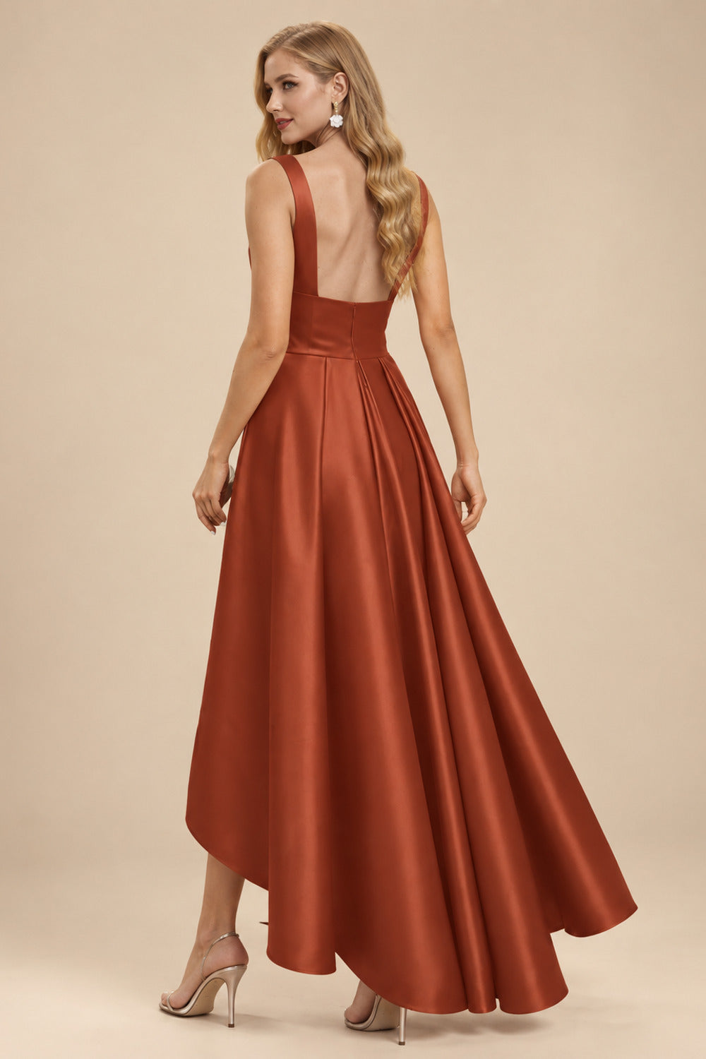 Rutipo Terracotta A-Line V-Neck Sleeveless Asymmetrical Satin Bridesmaid Dresses