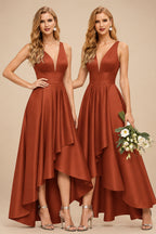 Rutipo Terracotta A-Line V-Neck Sleeveless Asymmetrical Satin Bridesmaid Dresses