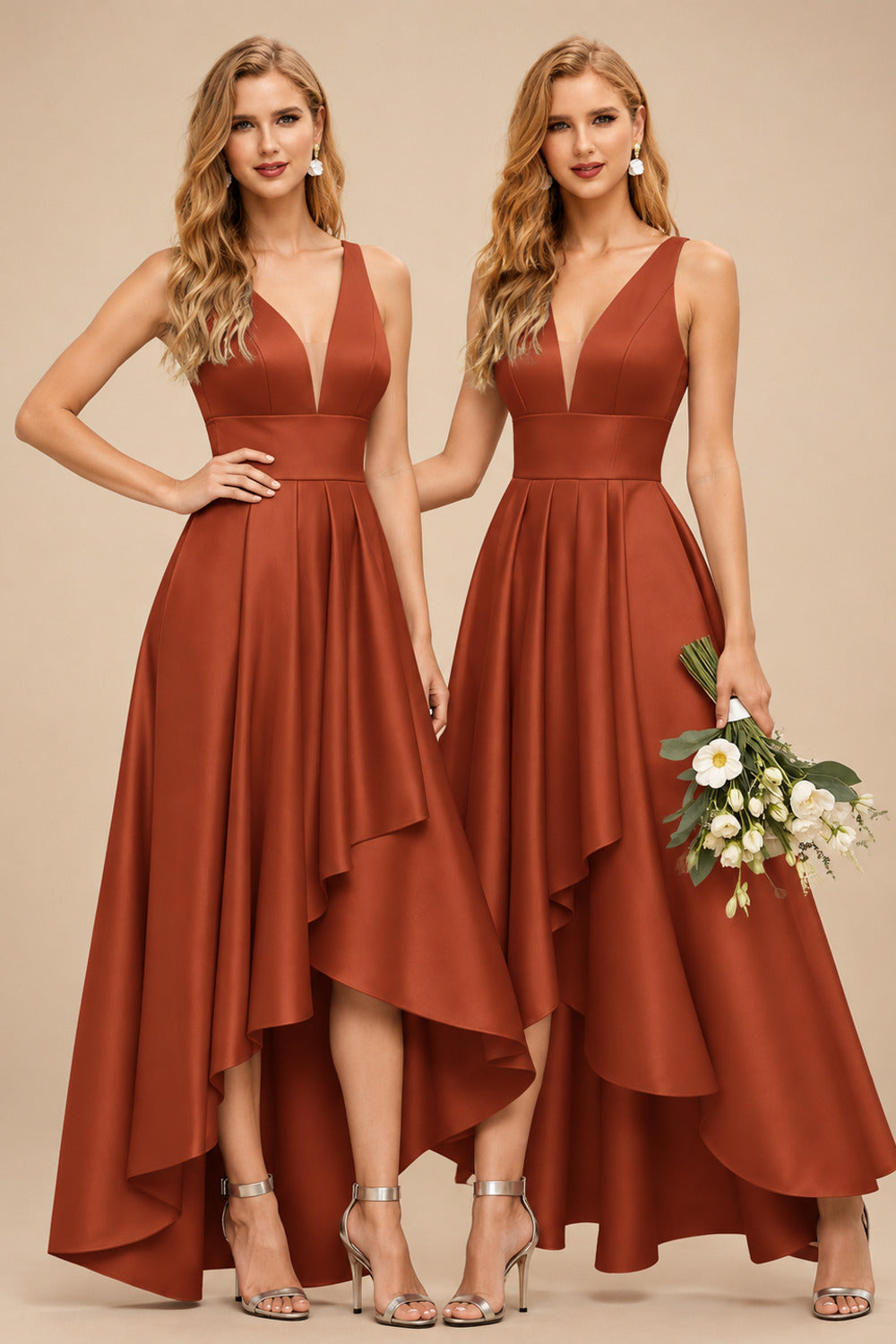 Rutipo Terracotta A-Line V-Neck Sleeveless Asymmetrical Satin Bridesmaid Dresses