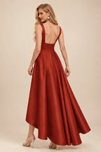 Rutipo Vermilion A-Line V-Neck Sleeveless Asymmetrical Satin Bridesmaid Dresses