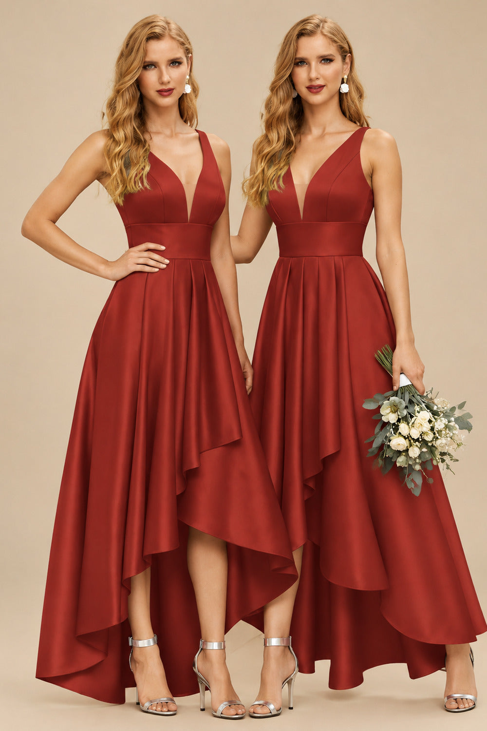 Rutipo Vermilion A-Line V-Neck Sleeveless Asymmetrical Satin Bridesmaid Dresses