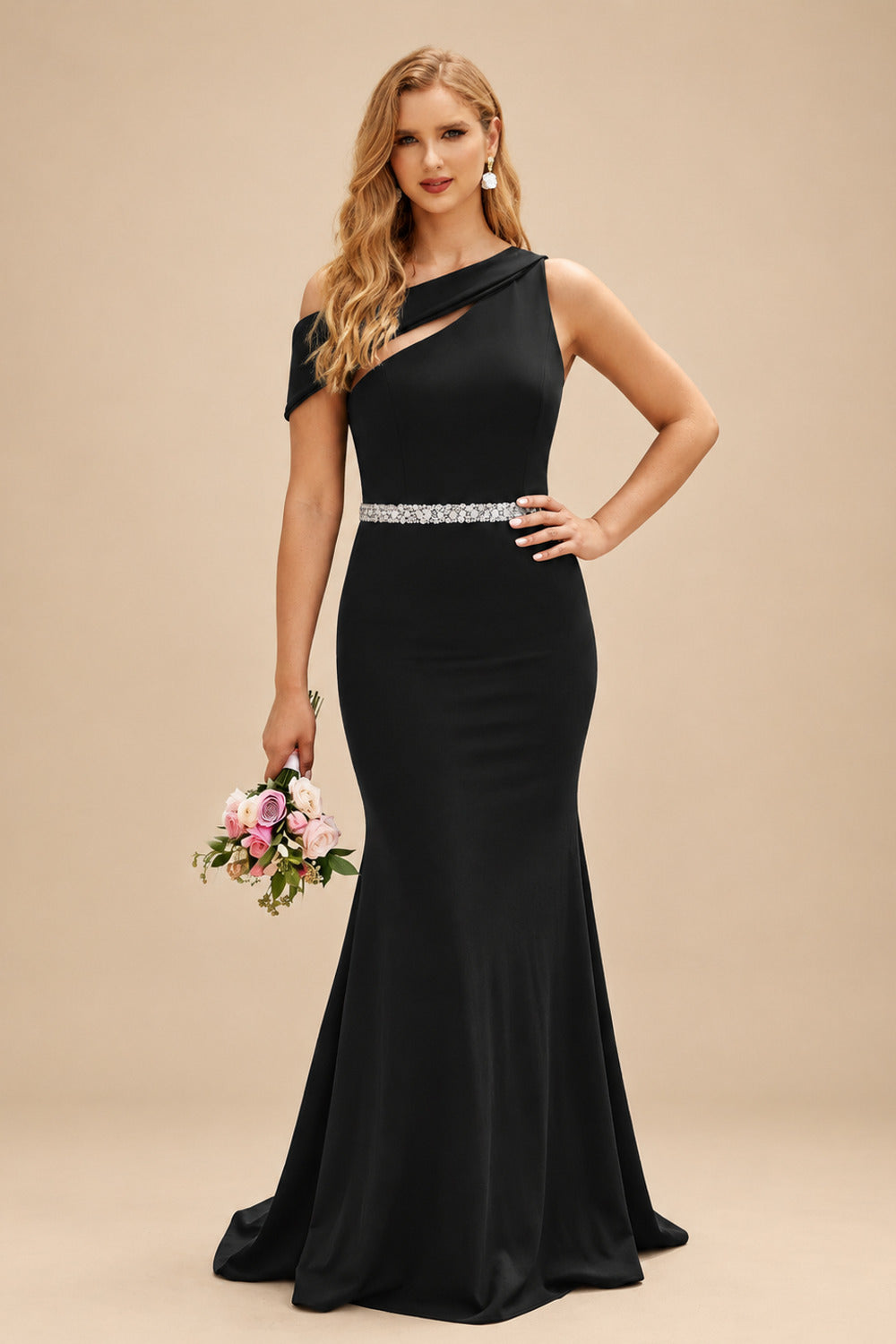 Rutipo Black Sheath/Column Asymmetrical Sleeveless Sweep Train Bridesmaid Dresses