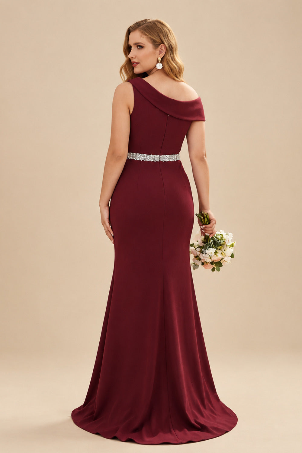 Rutipo Burgundy Sheath/Column Asymmetrical Sleeveless Sweep Train Bridesmaid Dresses