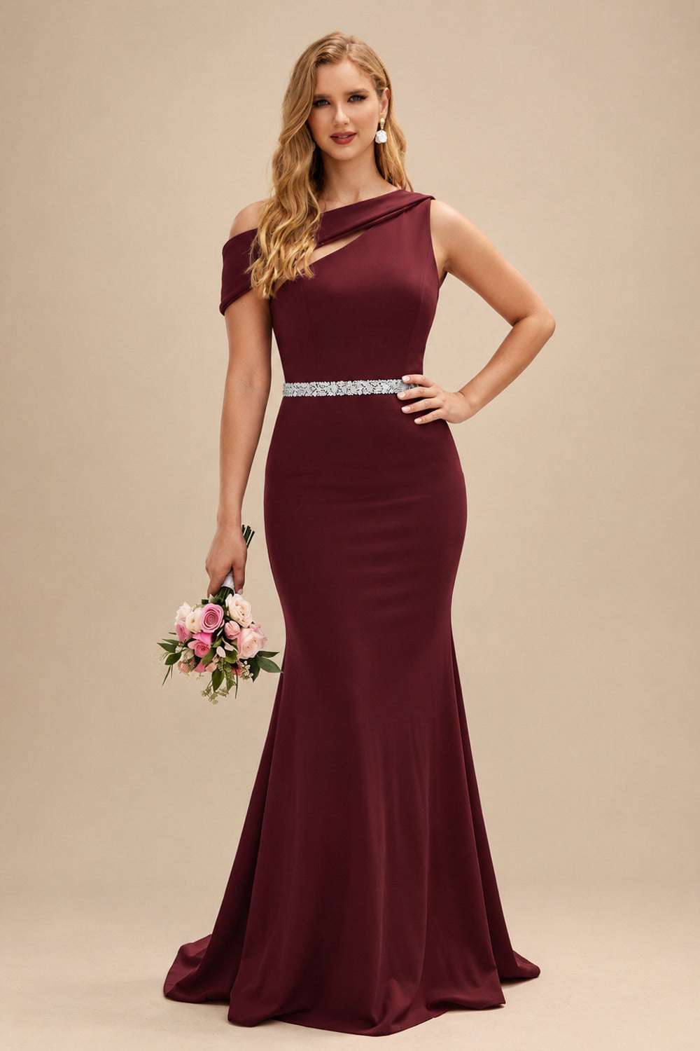 Rutipo Burgundy Sheath/Column Asymmetrical Sleeveless Sweep Train Bridesmaid Dresses