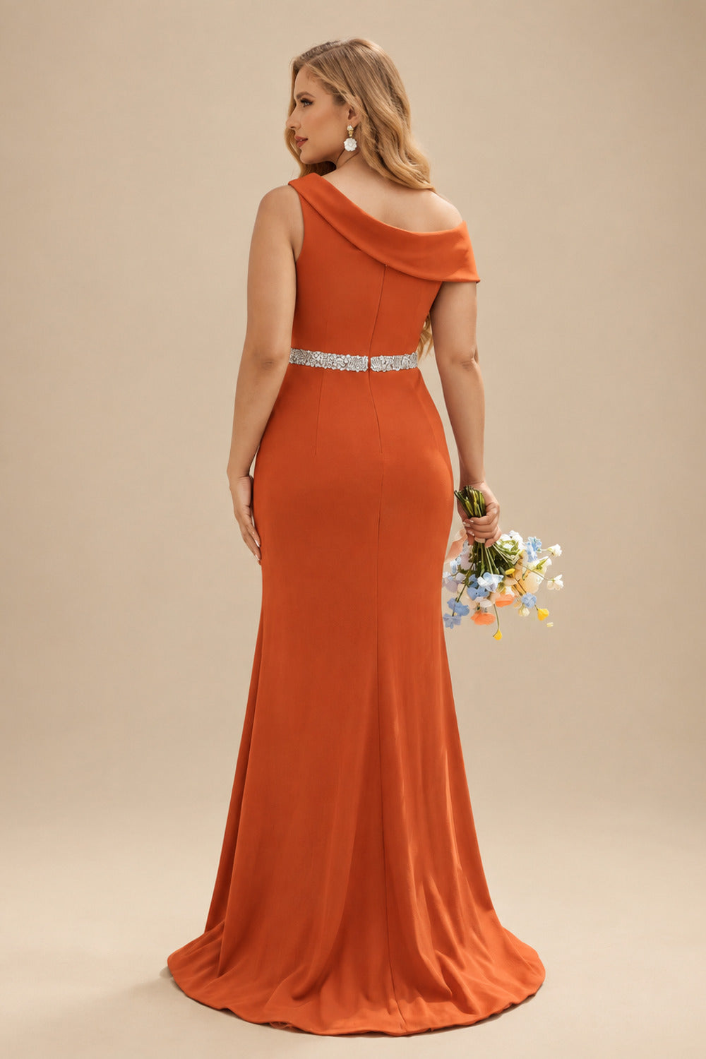 Rutipo Burnt Orange Sheath/Column Asymmetrical Sleeveless Sweep Train Bridesmaid Dresses
