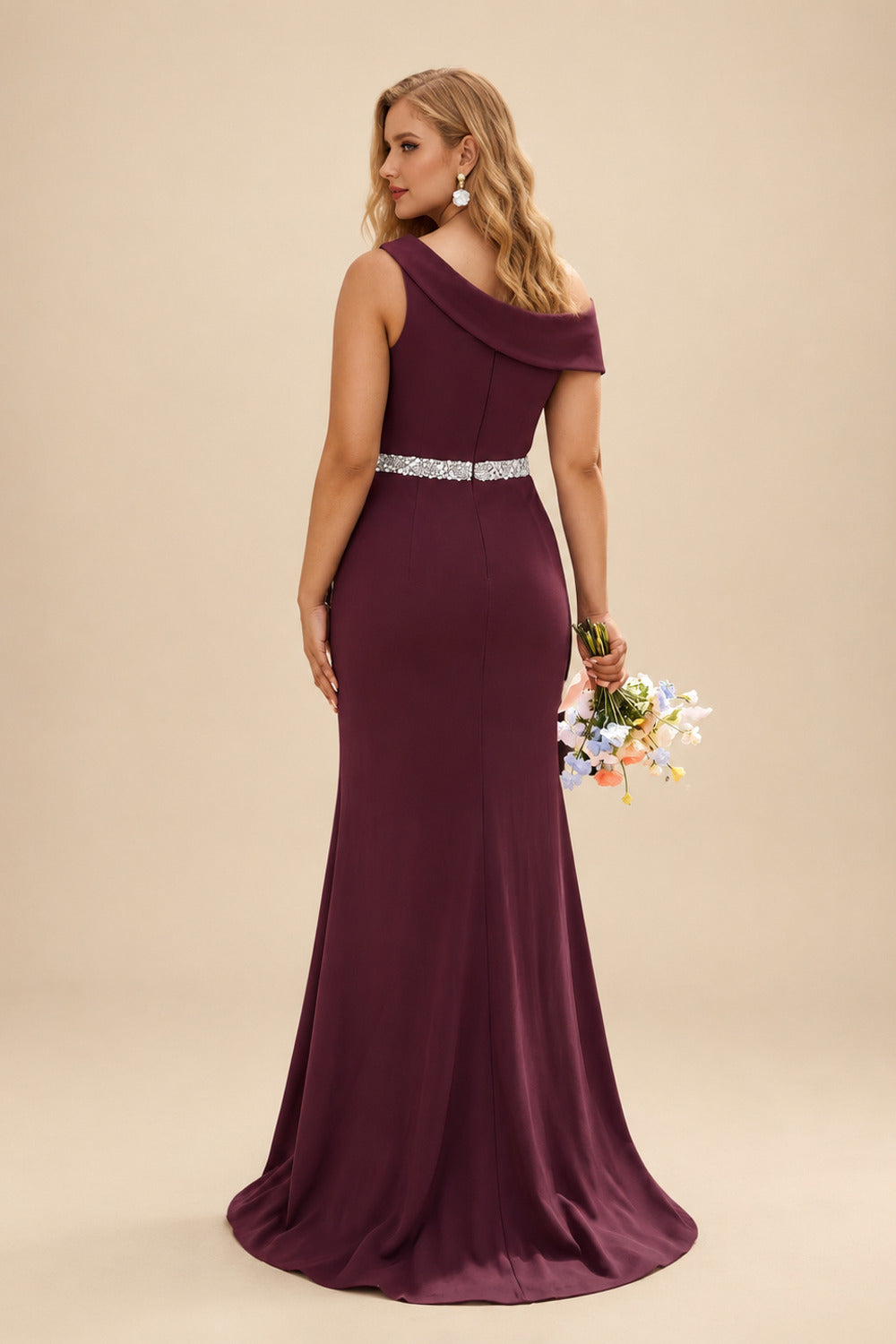 Rutipo Cabernet Sheath/Column Asymmetrical Sleeveless Sweep Train Bridesmaid Dresses