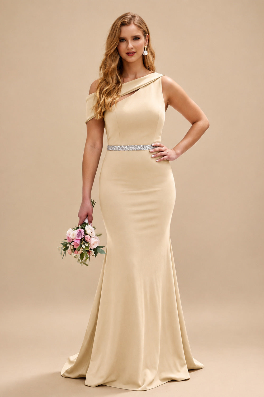 Rutipo Champagne Sheath/Column Asymmetrical Sleeveless Sweep Train Bridesmaid Dresses