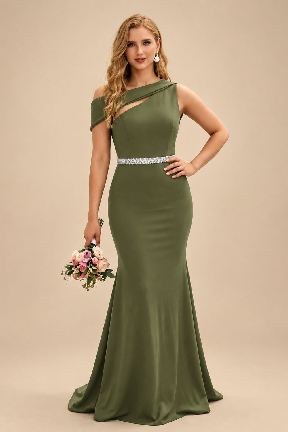Rutipo Olive Green Sheath/Column Asymmetrical Sleeveless Sweep Train Bridesmaid Dresses