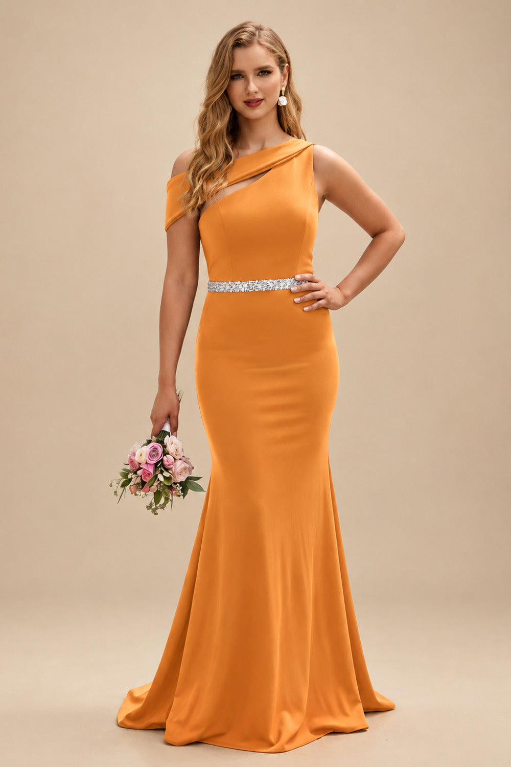 Rutipo Orange Sheath/Column Asymmetrical Sleeveless Sweep Train Bridesmaid Dresses