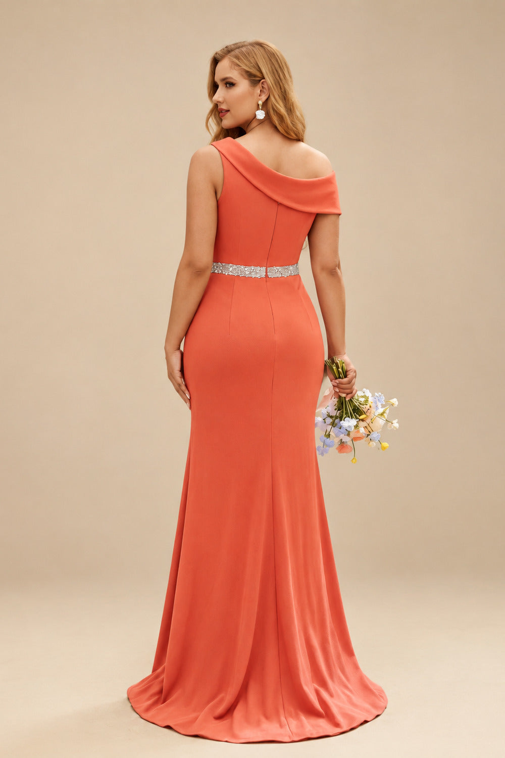 Rutipo Papaya Sheath/Column Asymmetrical Sleeveless Sweep Train Bridesmaid Dresses