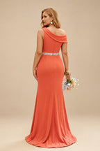 Rutipo Papaya Sheath/Column Asymmetrical Sleeveless Sweep Train Bridesmaid Dresses