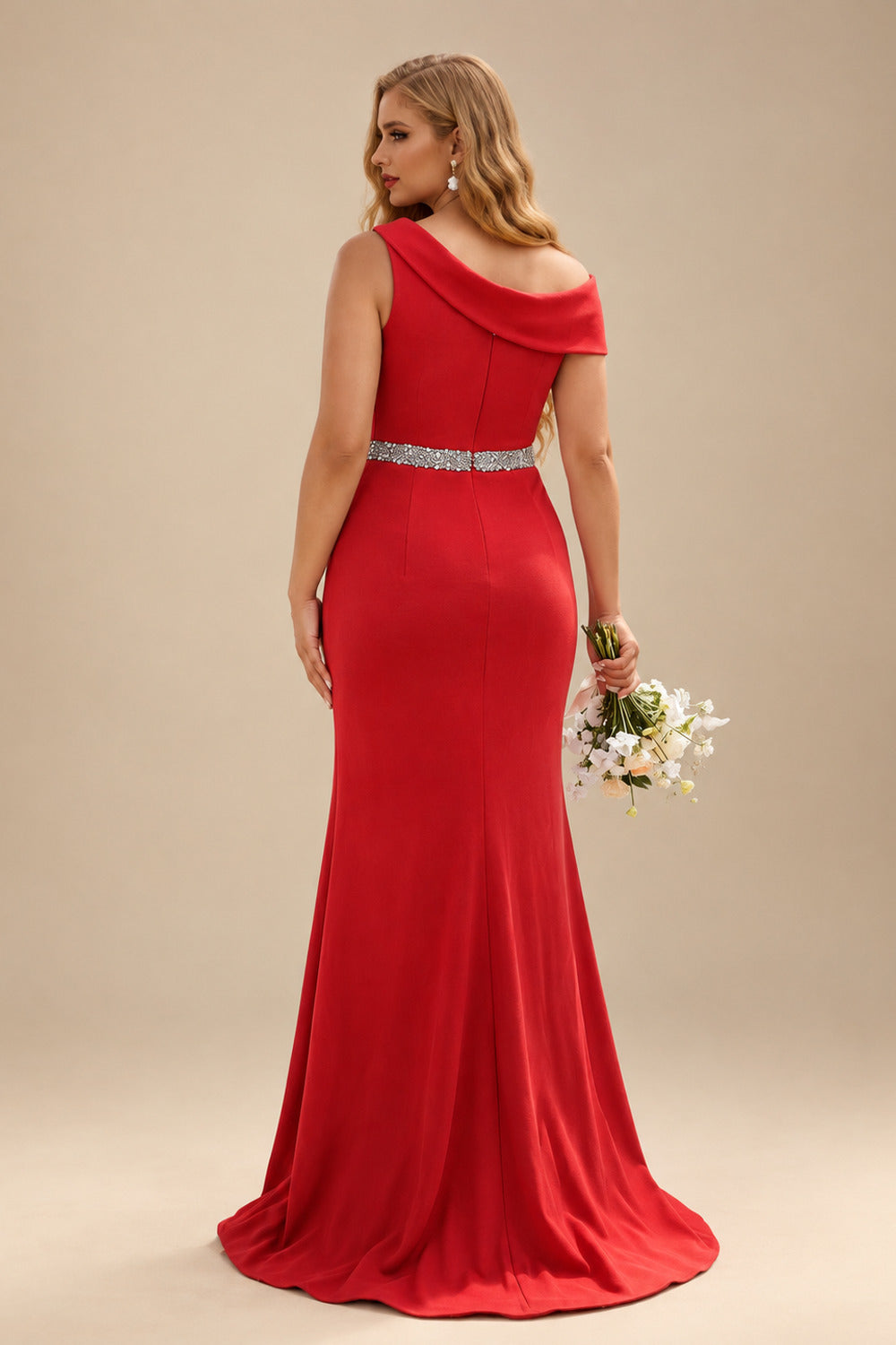Rutipo Red Sheath/Column Asymmetrical Sleeveless Sweep Train Bridesmaid Dresses