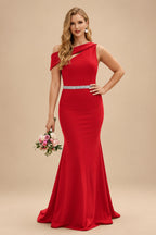 Rutipo Red Sheath/Column Asymmetrical Sleeveless Sweep Train Bridesmaid Dresses