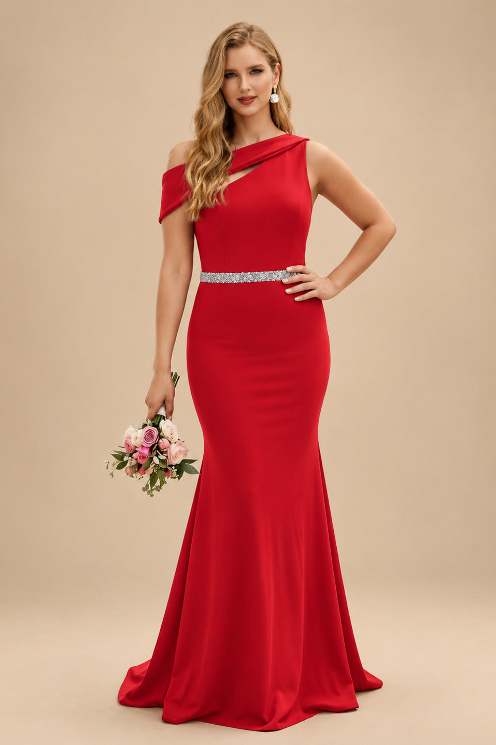 Rutipo Red Sheath/Column Asymmetrical Sleeveless Sweep Train Bridesmaid Dresses