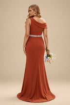 Rutipo Terracotta Sheath/Column Asymmetrical Sleeveless Sweep Train Bridesmaid Dresses