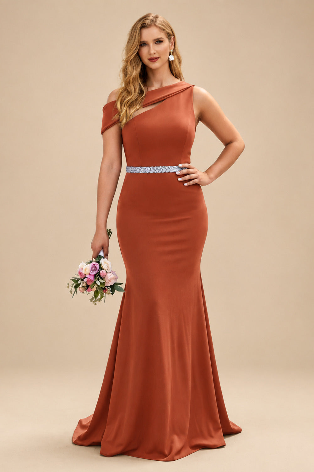Rutipo Terracotta Sheath/Column Asymmetrical Sleeveless Sweep Train Bridesmaid Dresses