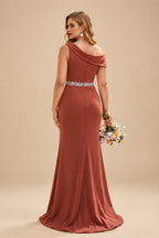 Rutipo Vermilion Sheath/Column Asymmetrical Sleeveless Sweep Train Bridesmaid Dresses