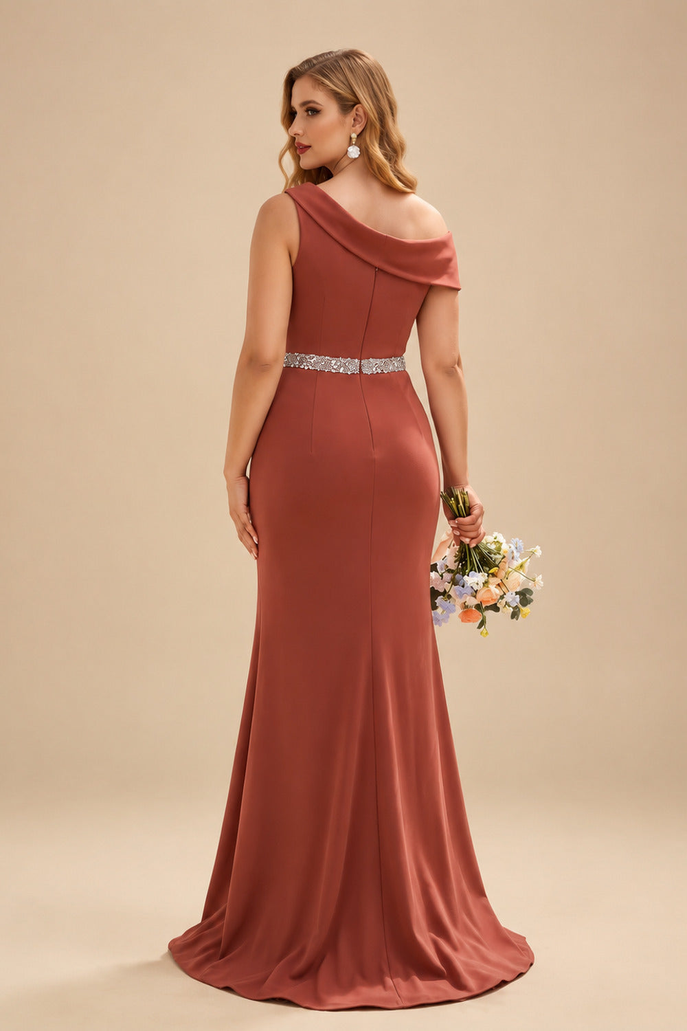 Rutipo Vermilion Sheath/Column Asymmetrical Sleeveless Sweep Train Bridesmaid Dresses