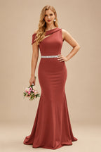Rutipo Vermilion Sheath/Column Asymmetrical Sleeveless Sweep Train Bridesmaid Dresses