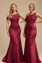 Rutipo Burgundy Asymmetrical Sleeveless Sweep Train Satin Bridesmaid Dresses