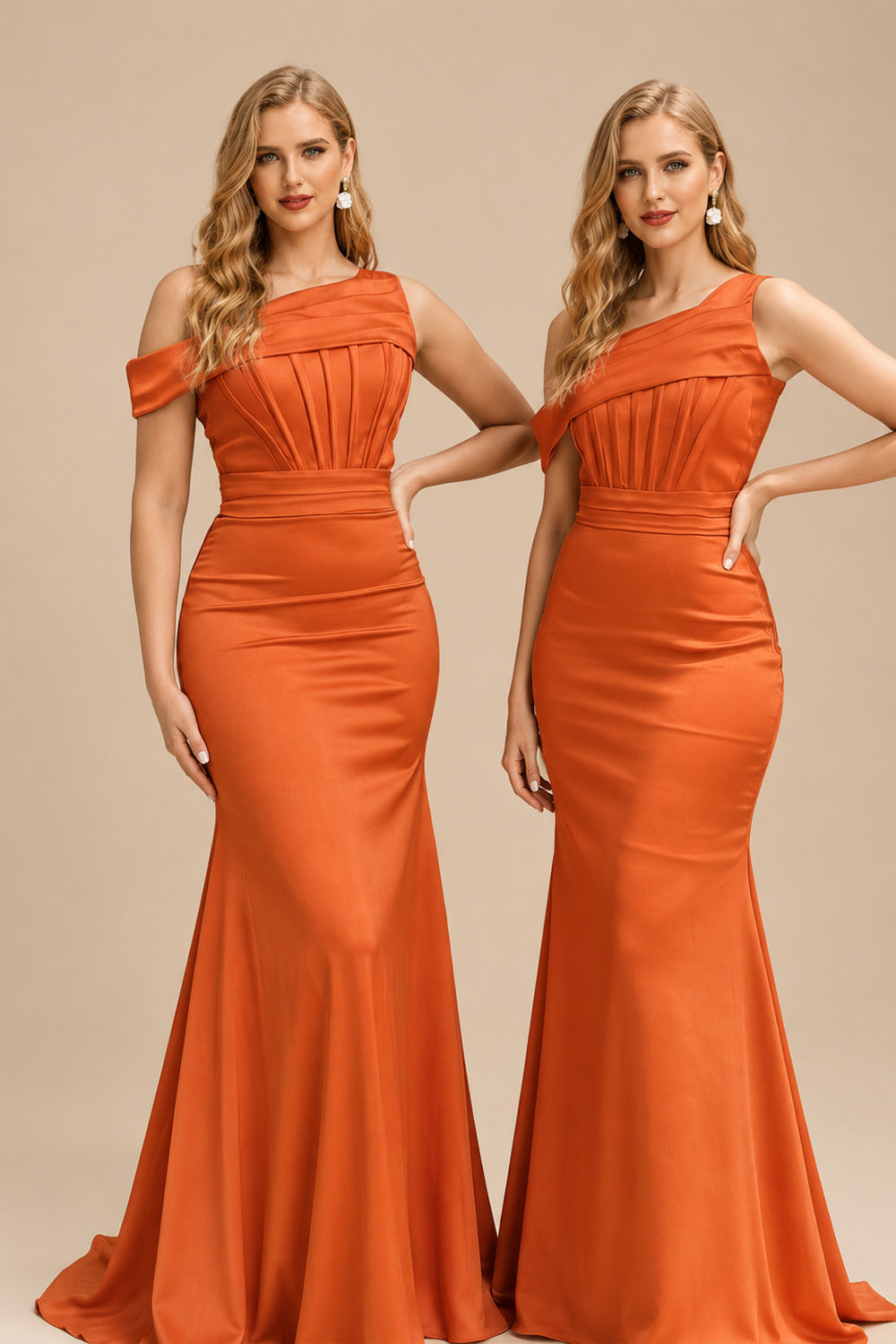 Rutipo Burnt Orange Asymmetrical Sleeveless Sweep Train Satin Bridesmaid Dresses