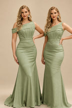 Rutipo Celadon Asymmetrical Sleeveless Sweep Train Satin Bridesmaid Dresses