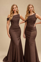 Rutipo Chocolate Asymmetrical Sleeveless Sweep Train Satin Bridesmaid Dresses