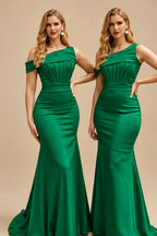 Rutipo Forest Green Asymmetrical Sleeveless Sweep Train Satin Bridesmaid Dresses
