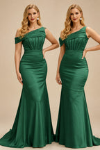 Rutipo Hunter Green Asymmetrical Sleeveless Sweep Train Satin Bridesmaid Dresses